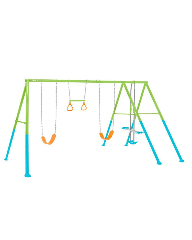 Intex double swing chair for outdoor play, measuring 467 x 211 x 254 cm, suitable for kids' outdoor games and relaxation.