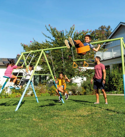Intex double swing seat for outdoor play, featuring sturdy frame and colorful seats, ideal for kids' sports and outdoor fun.