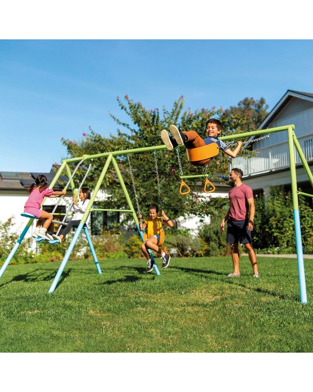 Intex double swing seat for outdoor play, featuring sturdy frame and colorful seats, ideal for kids' sports and outdoor fun.