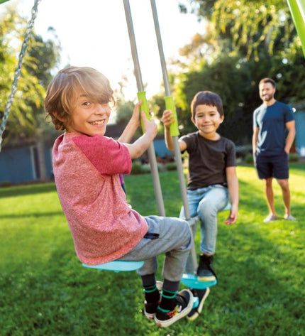 Intex double swing chair with colorful fabric and sturdy frame, set outdoors on grass, ideal for outdoor play and relaxation