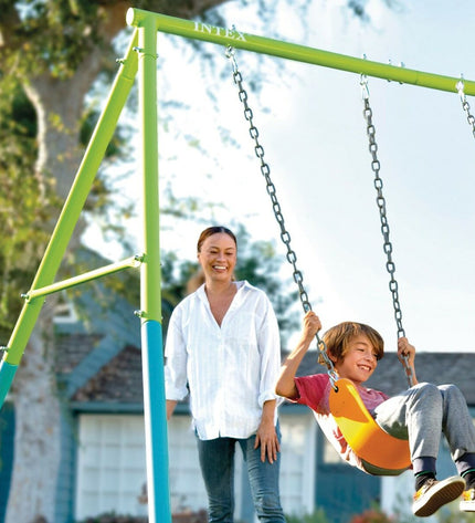 Intex double swing seat for outdoor play, measuring 467 x 211 x 254 cm, with colorful seating and sturdy frame.