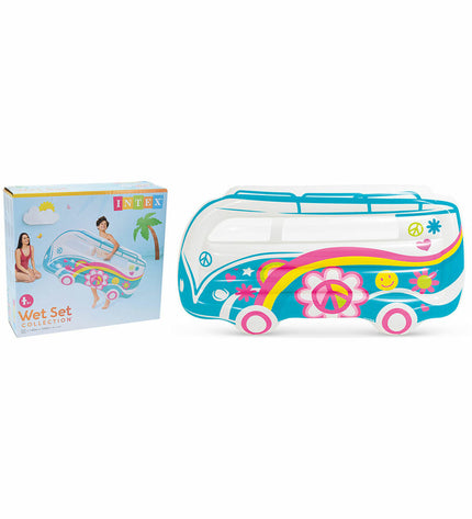 Inflatable Intex bus mattress for toys and outdoor play, measuring 1.7 x 91 x 23 cm, shown inflated with bright colors.