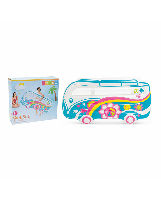 Inflatable Intex bus mattress for toys and outdoor play, measuring 1.7 x 91 x 23 cm, shown inflated with bright colors.