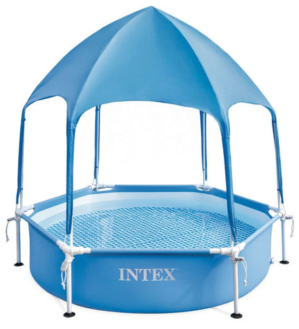 Intex removable swimming pool in blue, 183 x 38 x 183 cm, suitable for garden use, with water-filled pool and surrounding area.