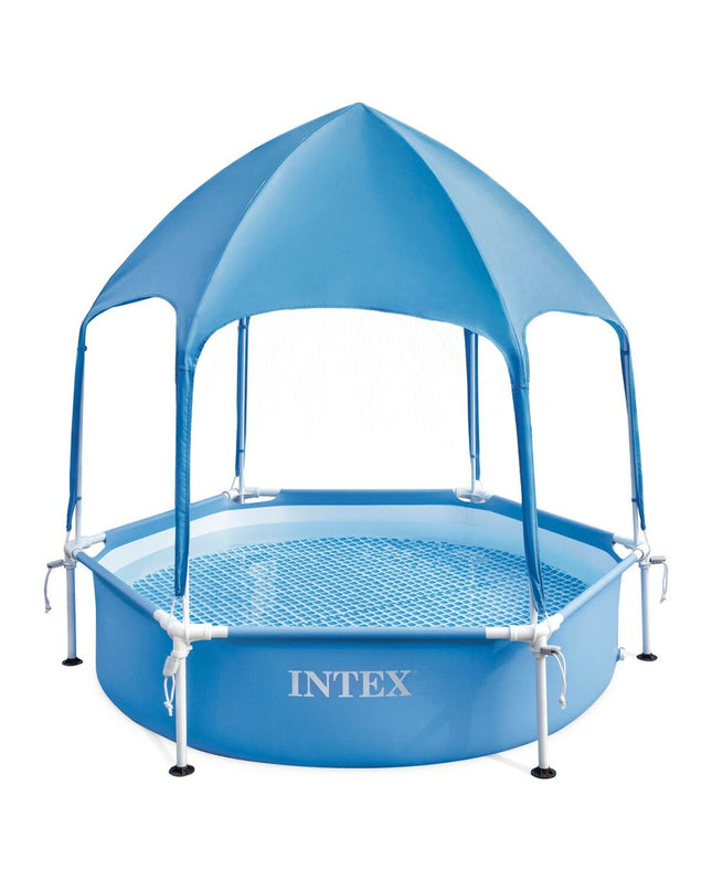 Intex removable swimming pool in blue, 183 x 38 x 183 cm, suitable for garden use, with water-filled pool and surrounding area.