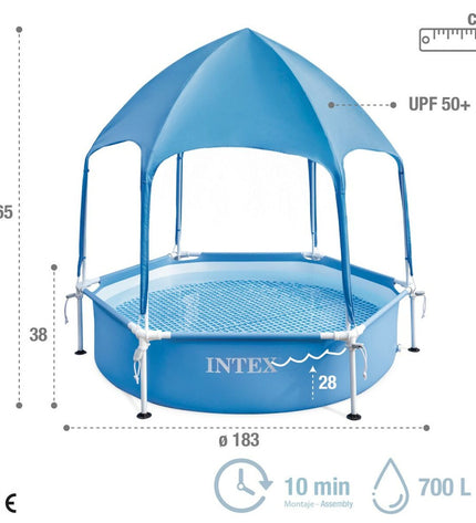 Intex removable garden pool with 183 x 38 x 183 cm dimensions, suitable for outdoor swimming and relaxation.