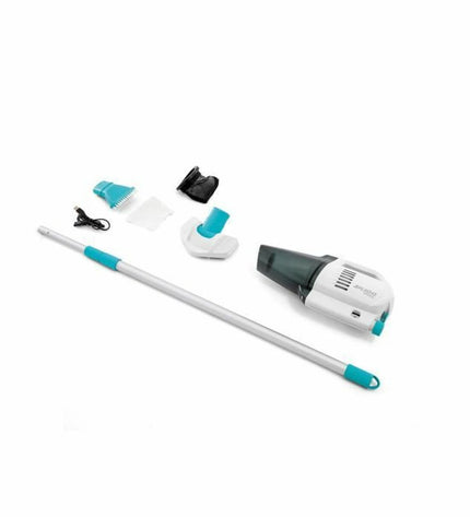 Intex ZR100 pool vacuum cleaner for swimming pools, shown with hose and attachments, designed for easy cleaning of large pools.