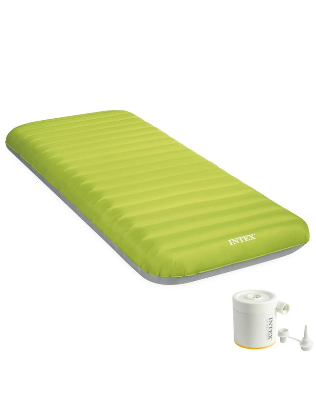 Intex air mattress 76 x 11 x 191 cm for camping and outdoor use, shown folded with valve and durable material.
