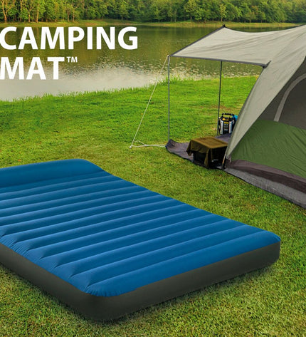 Intex air mattress for camping and outdoor use, measuring 99 x 22 x 191 cm, with a blue top and durable design.