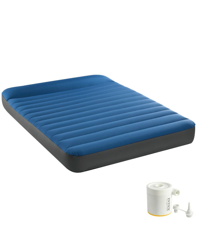 Intex air mattress 137 x 22 x 191 cm suitable for camping and outdoor activities, with a blue top and inflated surface.
