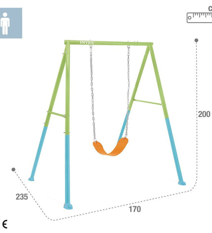 Intex swing with 170x200x235 cm size, suitable for outdoor play, featuring sturdy frame and colorful seat for children.