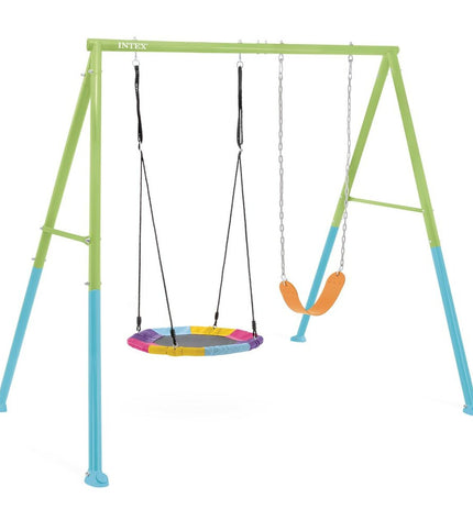 Intex swing set with 254 x 200 x 235 cm dimensions, outdoor play equipment for kids, featuring colorful swings and climbing areas.