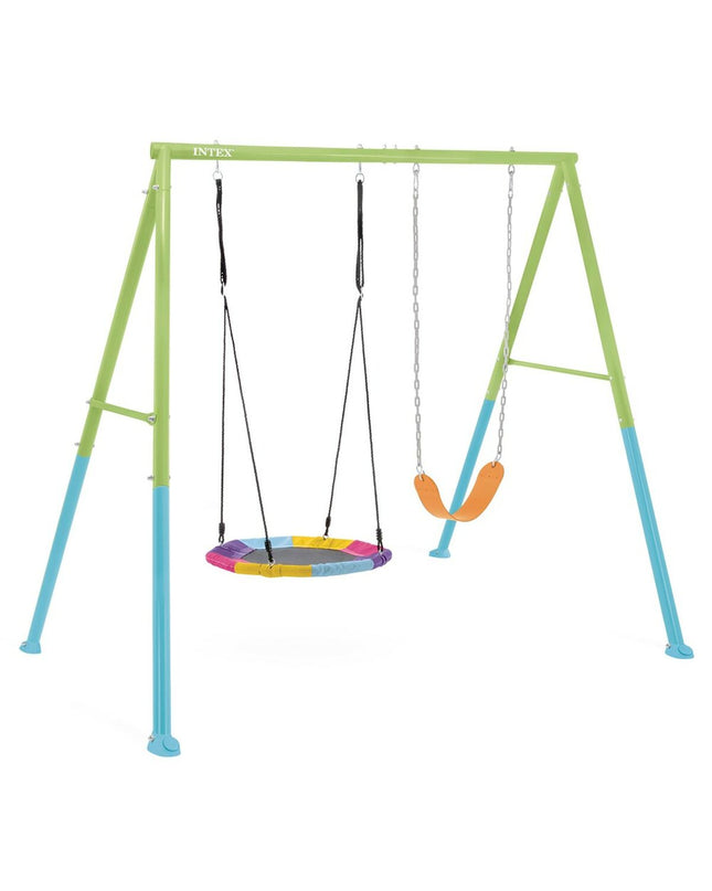 Intex swing set with 254 x 200 x 235 cm dimensions, outdoor play equipment for kids, featuring colorful swings and climbing areas.