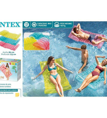 Transparent Intex inflatable mattress, 89 x 173 cm, suitable for outdoor and pool play, featuring a clear, durable design.