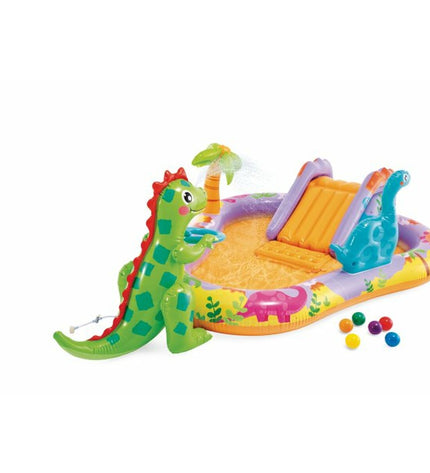 Intex Dino Park inflatable kids' pool with colorful dinosaur design, measuring 201x157x69 cm, suitable for outdoor play.