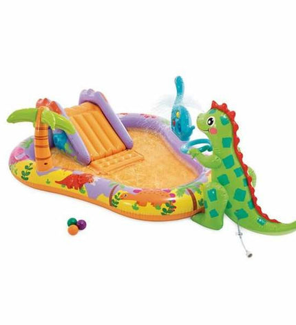 Intex Dino Park inflatable kids' pool with colorful dinosaur design, measuring 201 x 157 x 69 cm, for outdoor play.