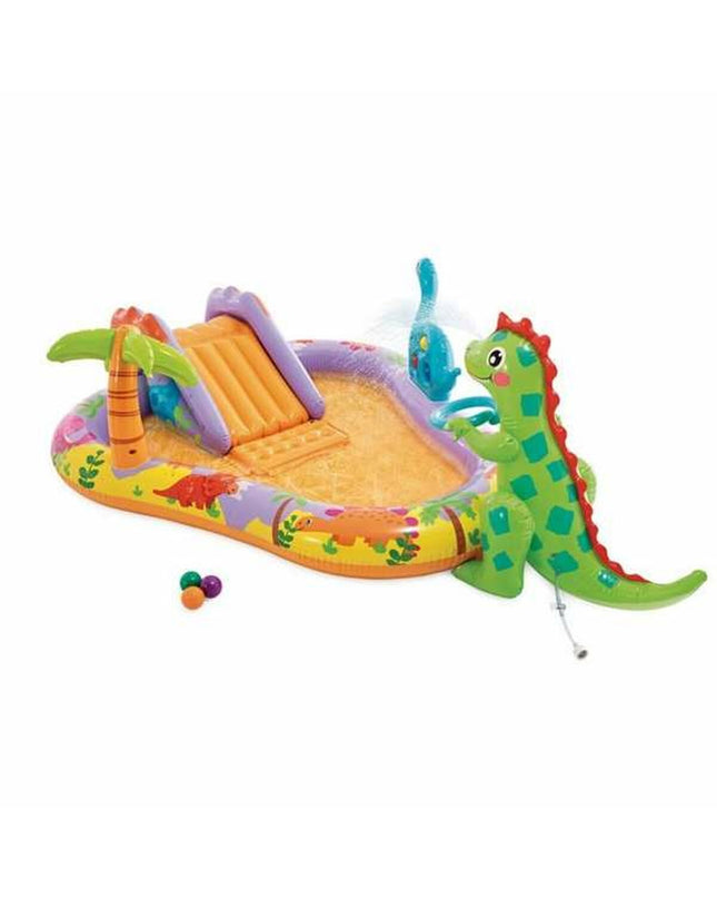 Intex Dino Park inflatable kids' pool with colorful dinosaur design, measuring 201 x 157 x 69 cm, for outdoor play.