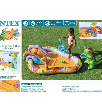 Intex Dino Park inflatable children's swimming pool with colorful dinosaur design, measures 201 x 157 x 69 cm, suitable for outdoor fun.