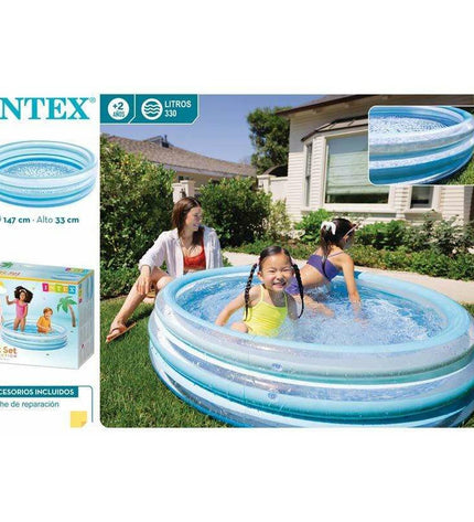 Intex inflatable kids' swimming pool 147 x 33 cm, bright blue plastic pool for children to play outdoors.