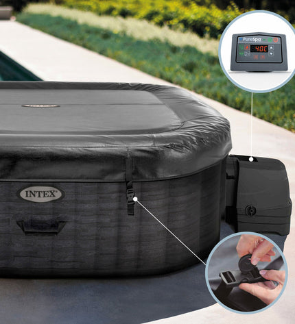 Intex inflatable spa for four people with 795L capacity, outdoor garden jacuzzi, showing the inflatable spa in a garden setting.