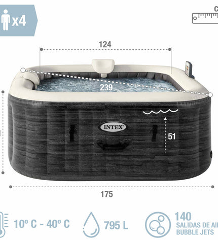 Inflatable Intex spa for 4 persons with 795L capacity, suitable for garden use, featuring a soft, relaxing interior.