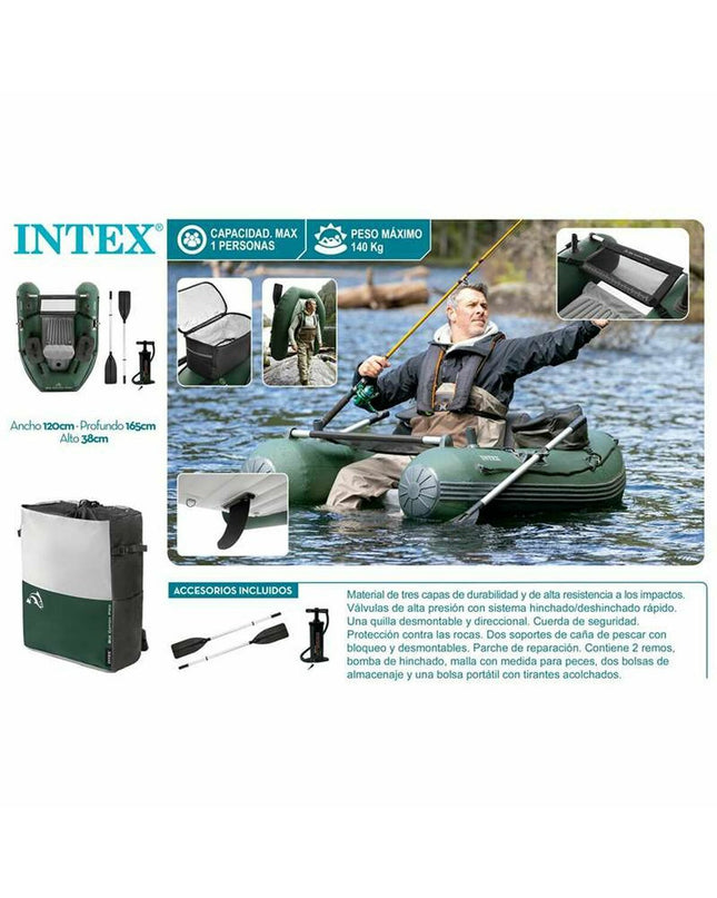 Inflatable Intex Big Catch Pro boat for water sports, shown in bright colors with sturdy construction and spacious interior.