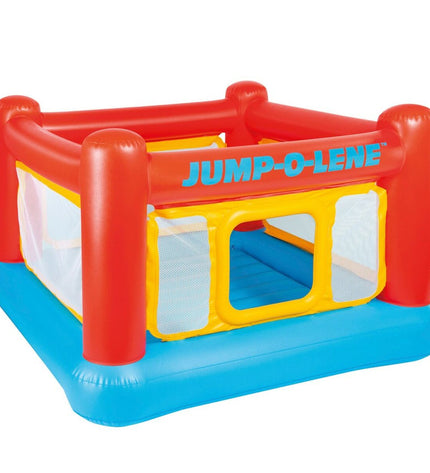 Colorful inflatable castle by Intex Jump-O-Lene, featuring slides and play areas, designed for outdoor fun and active play.