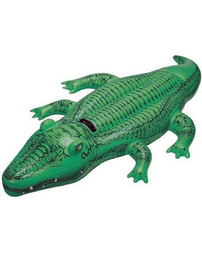 Inflatable crocodile pool toy by Intex, measuring 168 x 86 cm, suitable for outdoor play and water fun.