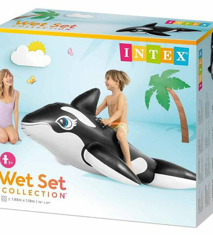 Inflatable Intex whale pool float measuring 193 x 119 cm, designed for outdoor play and swimming fun.