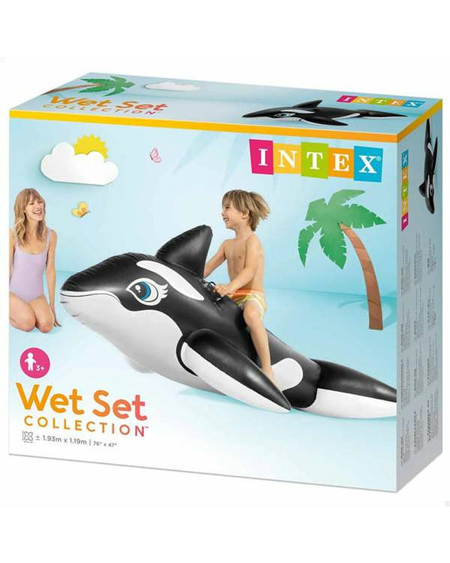 Inflatable Intex whale pool float measuring 193 x 119 cm, designed for outdoor play and swimming fun.