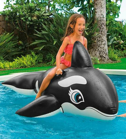 Inflatable Intex whale toy measuring 193 x 119 cm, designed for outdoor play and water fun, featuring bright colors and detailed whale design.