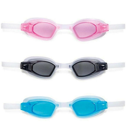 Intex Zwembril Free Style Sport waterproof swimming goggles for outdoor watersport activities, with adjustable strap and clear lenses.