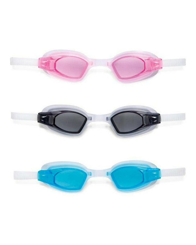 Intex Zwembril Free Style Sport waterproof swimming goggles for outdoor watersport activities, with adjustable strap and clear lenses.
