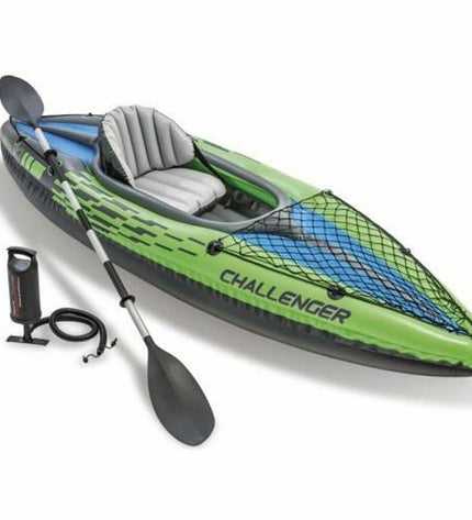 Intex Challenger K1 inflatable kayak in green, with dimensions 274 x 33 x 76 cm, designed for watersport and outdoor activities.