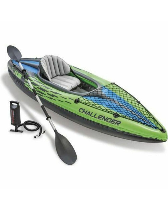 Intex Challenger K1 inflatable kayak in green, with dimensions 274 x 33 x 76 cm, designed for watersport and outdoor activities.