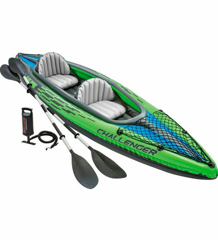 Intex Water Lounge inflatable boat in green, designed for two people, with seating and water sport features, measuring 351 x 76 x 38 cm.