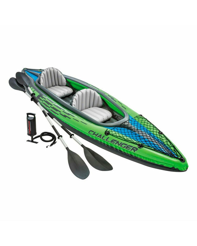 Intex Water Lounge inflatable boat in green, designed for two people, with seating and water sport features, measuring 351 x 76 x 38 cm.