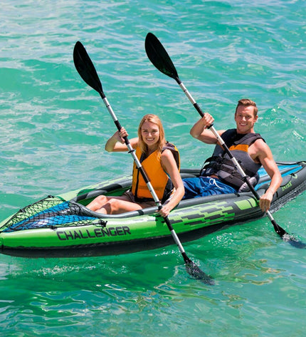 Green Intex water lounge inflatable kayak for 2 persons, measuring 351 x 76 x 38 cm, suitable for water sports and outdoor fun.