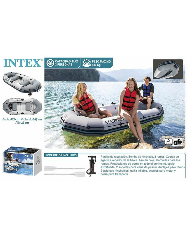 Inflatable boat by Intex, bright orange with black handles, floating on water, designed for outdoor play and water fun.