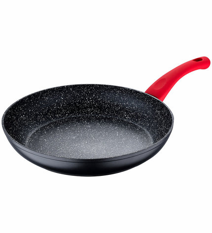 Black San Ignacio Toledo SG-6287 28cm aluminum frying pan for home cooking, showcasing its non-stick surface and sturdy handle.