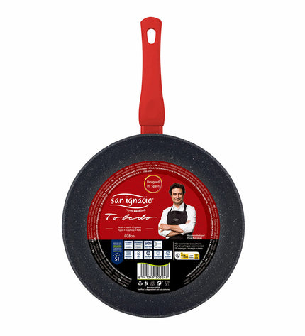 Black San Ignacio Toledo SG-6287 28cm aluminum frying pan for cooking and kitchen use, with a smooth cooking surface.