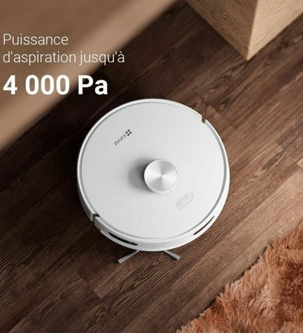 Ezviz robot stofzuiger op houten vloer, automatische schoonmaakmachine voor huis en vloeronderhoud, compact en modern design