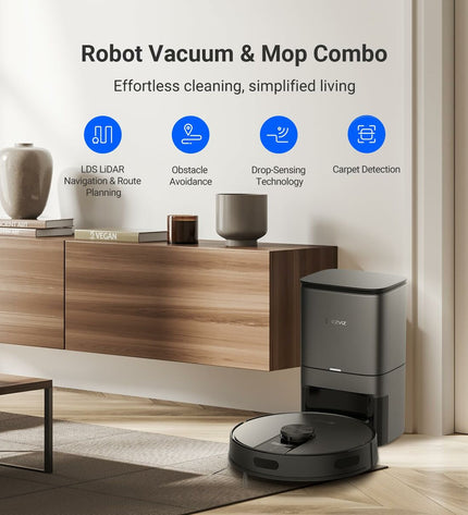 Ezviz CS-RE4P-PBT2 robot stofzuiger schoonmaakt vloer, met ronde vorm en moderne design voor huisreiniging.