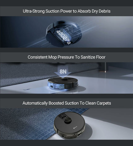 Ezviz CS-RE4P-PBT2 robot stofzuiger, compact design with sensors for cleaning floors in a home setting.