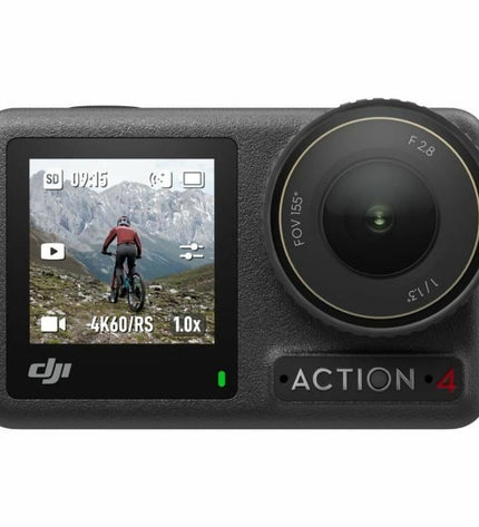 Dji Osmo Action 4 adventure sport camera in black with accessories for outdoor filming and action recording.