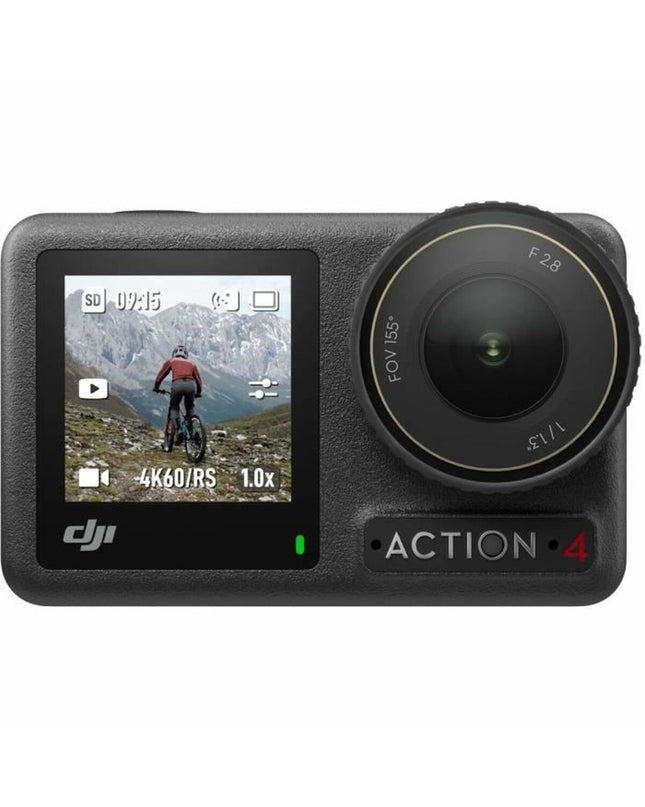 Dji Osmo Action 4 adventure sport camera in black with accessories for outdoor filming and action recording.