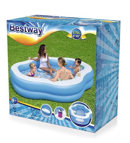 Bestway inflatable family pool 270x198x51 cm for garden fun, suitable for children over 6 years old, in a backyard setting.