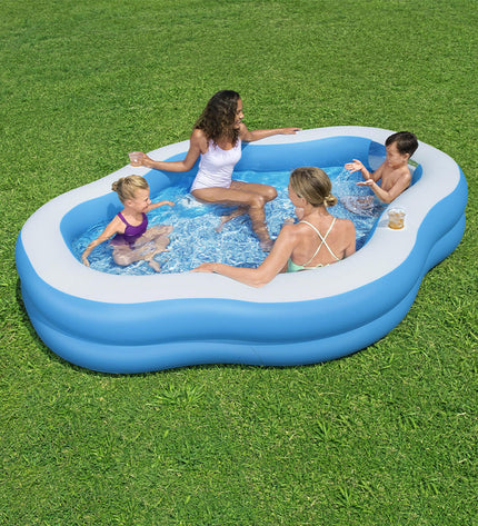 Bestway inflatable family pool 270x198x51 cm for garden use, suitable for children over 6 years, with colorful design.