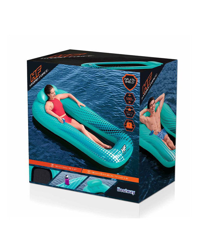 Bestway Hydro-Force inflatable lounge chair in blue, 198x119 cm for pool and beach relaxation, made for outdoor leisure.