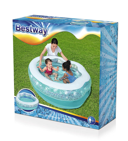 Bestway inflatable children's pool in shiny blue with dimensions 150x125x43 cm, suitable for outdoor garden play for kids over 3 years.
